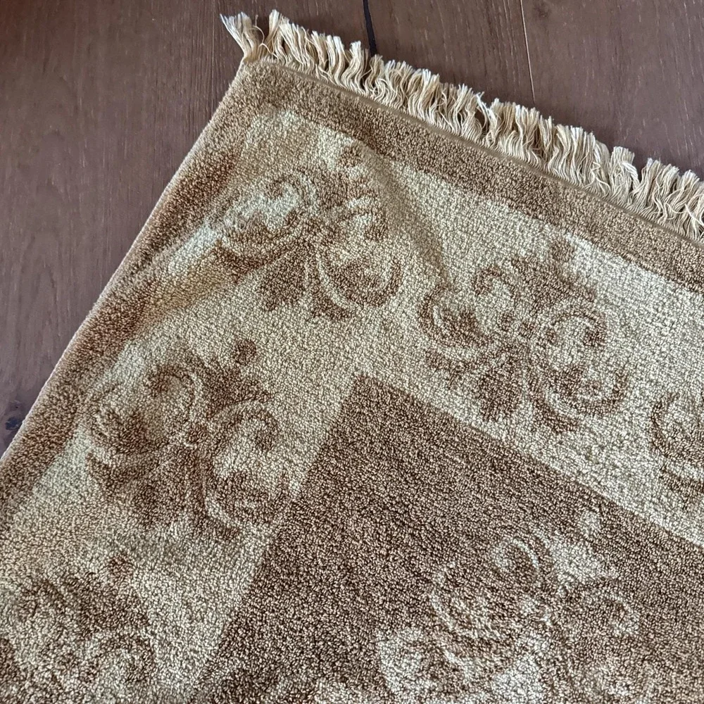 Vintage SET OF 2 Fieldcrest Bath Towels Mustard Damask Cotton Fringe Made In USA